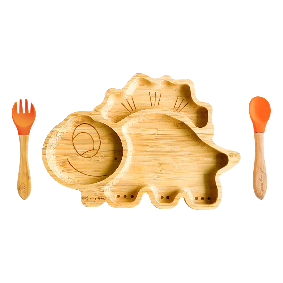 Kit Espinosaurio de bambú con cucharita y tenedor