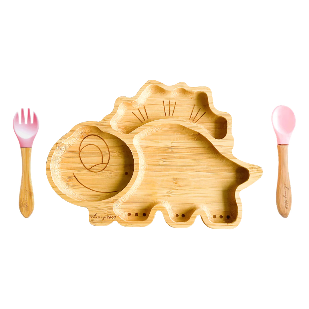 Kit Espinosaurio de bambú con cucharita y tenedor