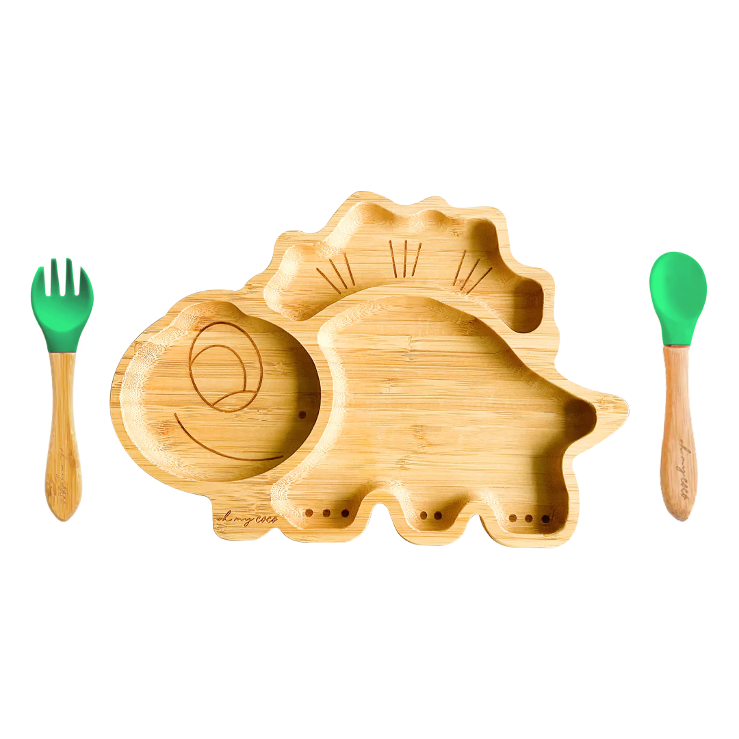 Kit Espinosaurio de bambú con cucharita y tenedor