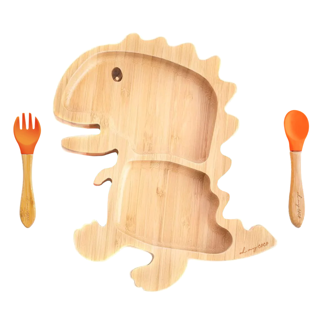 PREVENTA Kit Dinosaurio de bambú con cucharita y tenedor